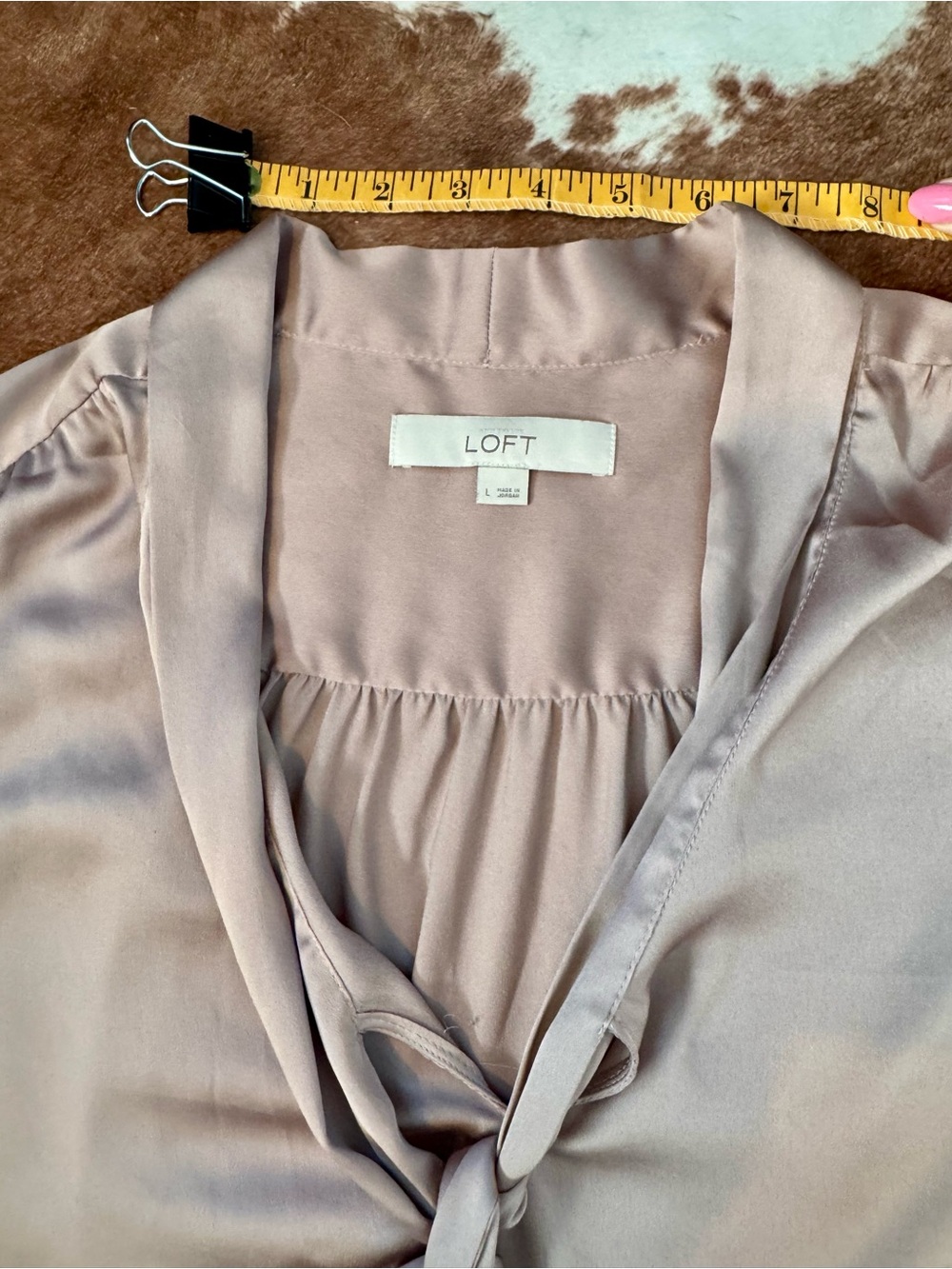 LOFT Mauve-Taupe Tie-Neck Blouse - Picture 5 of 7